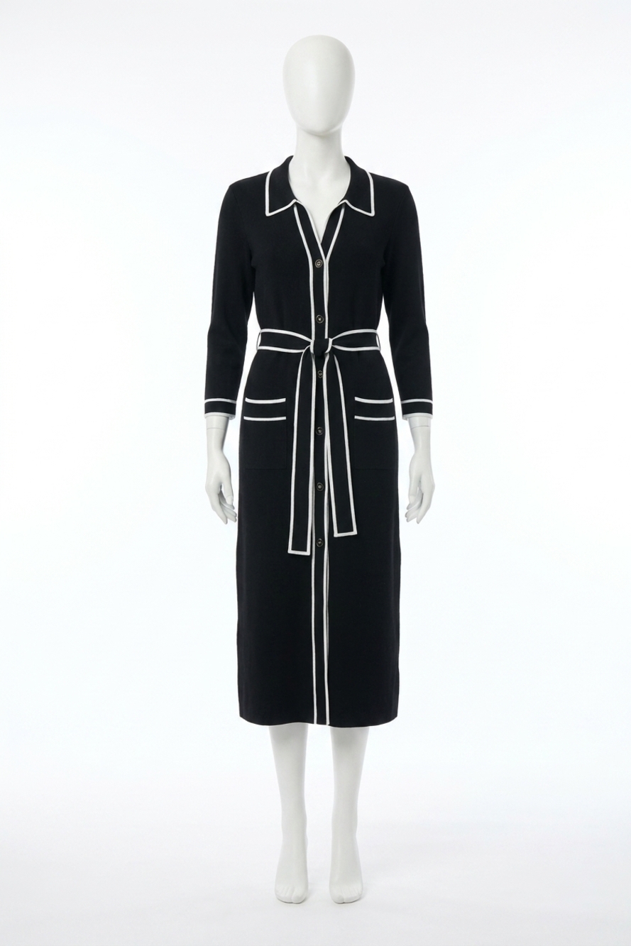 NEW JOSEPH RIBKOFF contrast trim belted midi shirt dress in black/vanilla
